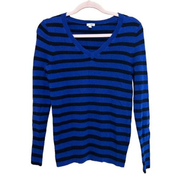 Halogen 100% Cashmere V Neck Sweater Blue Black Striped Pullover Classic Staple - Picture 1 of 6